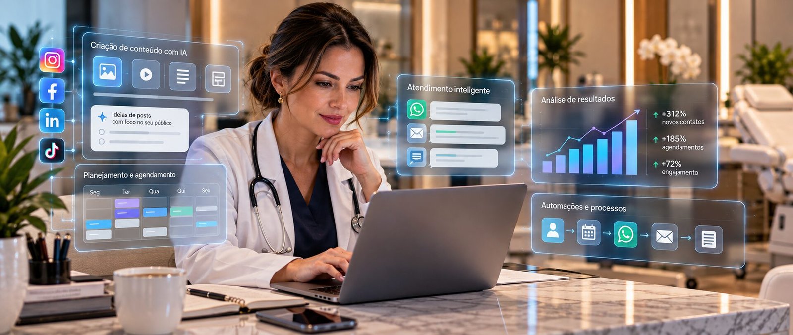 Profissional usando inteligência artificial no marketing da clínica