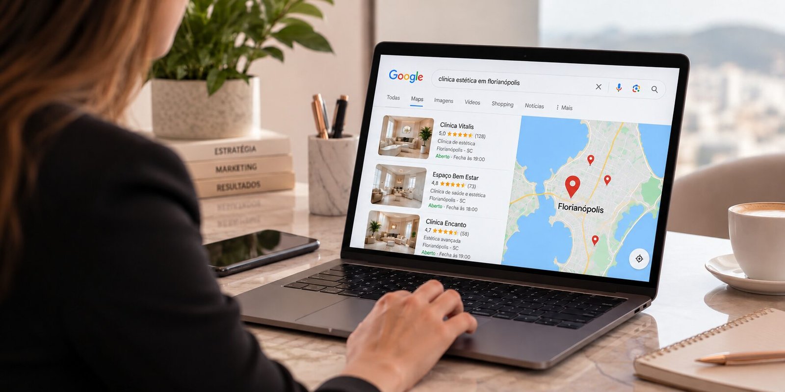 Clínica aparecendo no Google Maps em um notebook