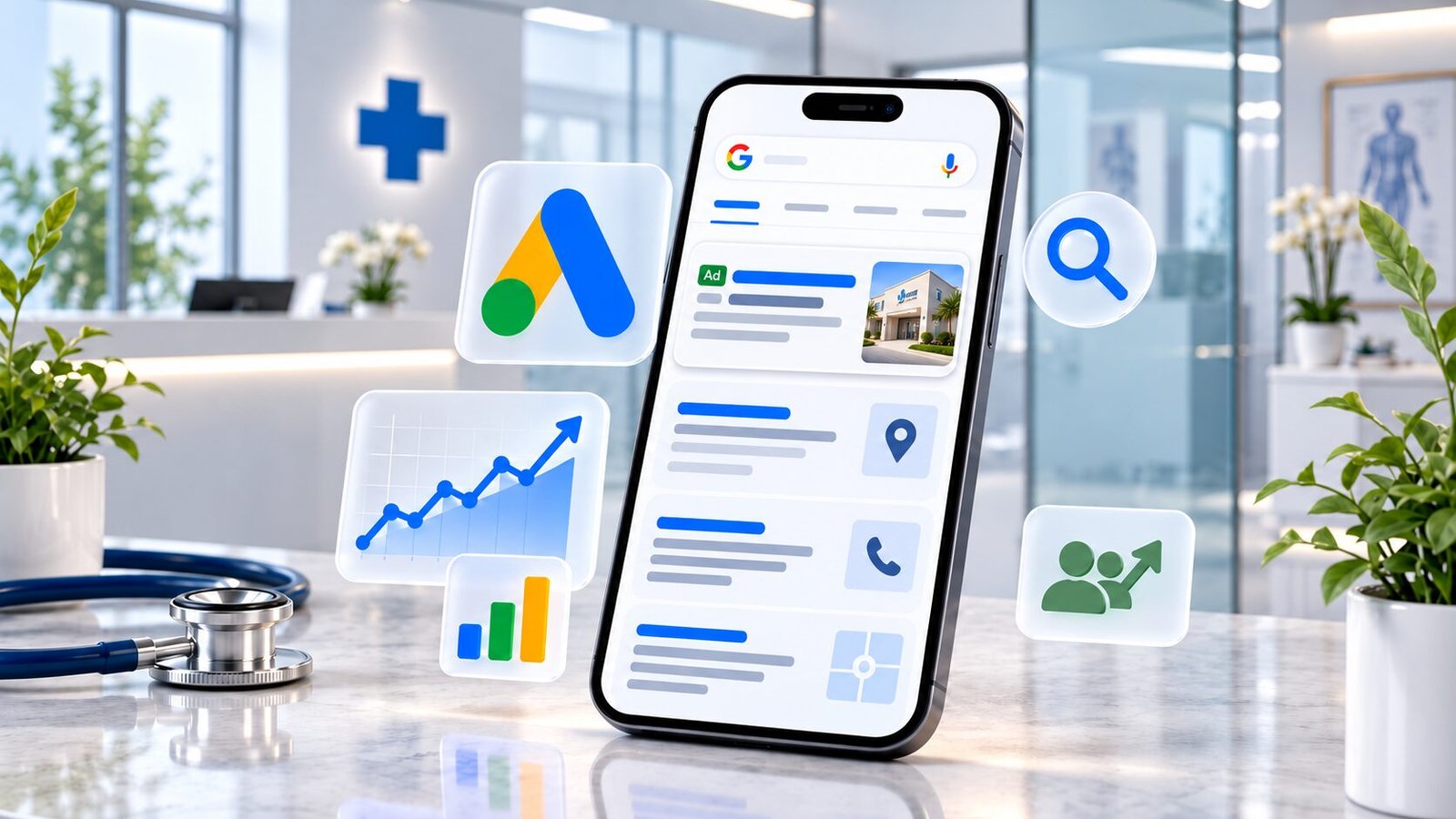 Busca no Google com anúncios para clínica de saúde