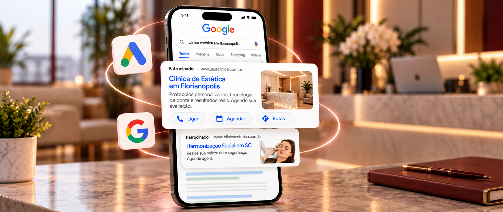 Anúncios de clínica de estética aparecendo na busca do Google